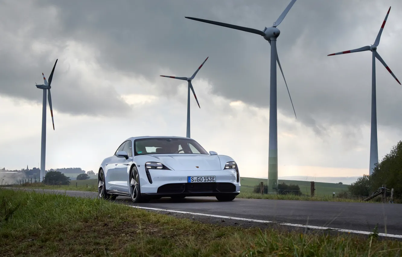 Photo wallpaper road, Porsche, Turbo S, 2020, Taycan, wind power
