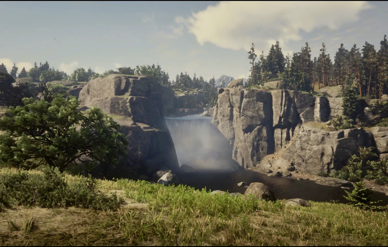 Photo wallpaper HDR, Nature, Wood, Landscape, Waterfall, Game, Weather, Red Dead Redemption 2