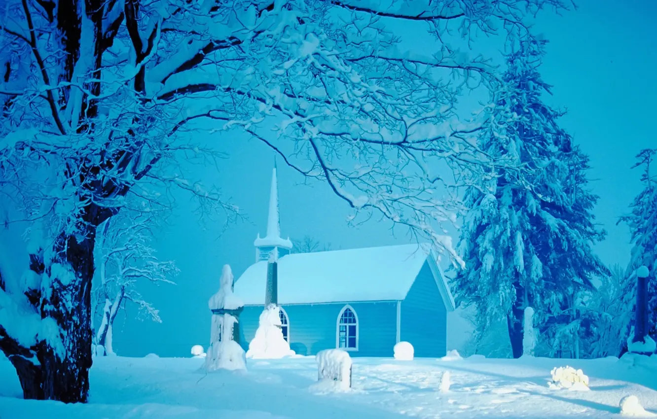 Photo wallpaper winter, snow, Church, house, tree