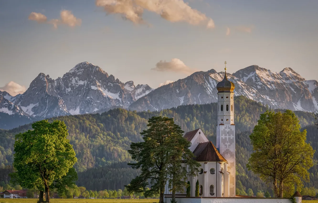 Photo wallpaper trees, mountains, Germany, Bayern, Alps, Church, Germany, Bavaria