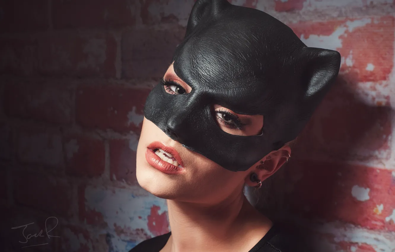 Photo wallpaper look, face, wall, makeup, mask, Catwoman, Romanie Smith