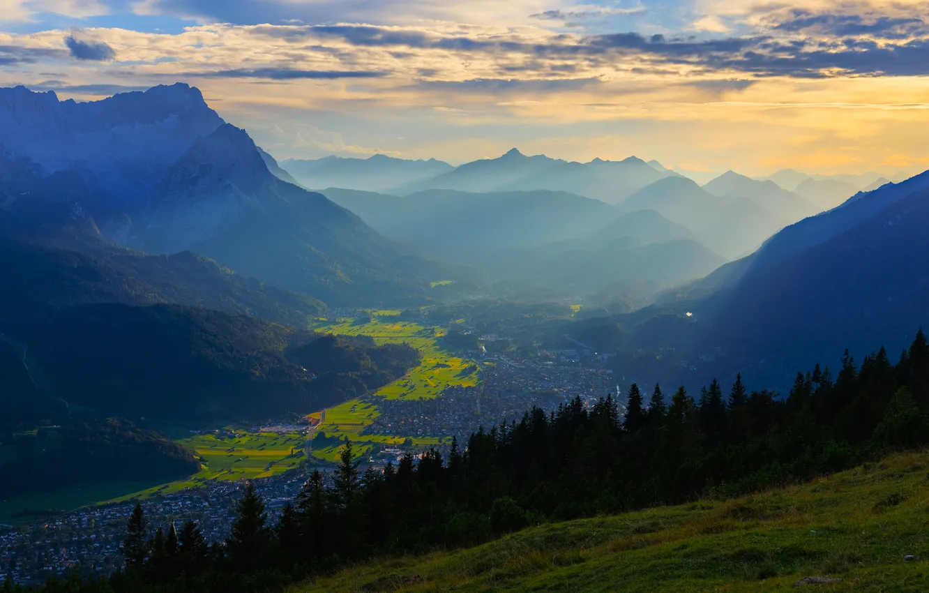 Photo wallpaper the sky, clouds, trees, sunset, mountains, rocks, home, valley