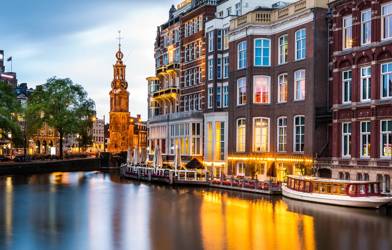 Photo wallpaper building, Amsterdam, channel, Netherlands, promenade, Amsterdam, ship, Netherlands