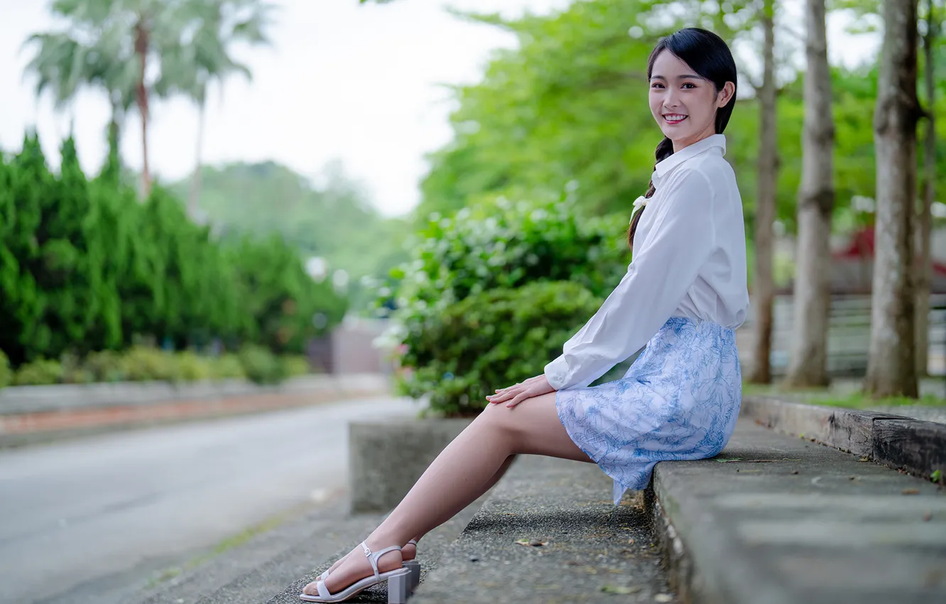 Photo wallpaper feet, skirt, brunette, blouse, Asian, sitting