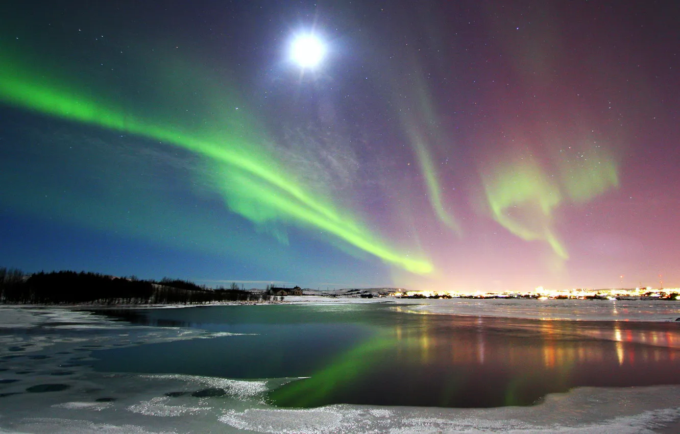Photo wallpaper water, stars, trees, night, lights, Northern lights, Iceland