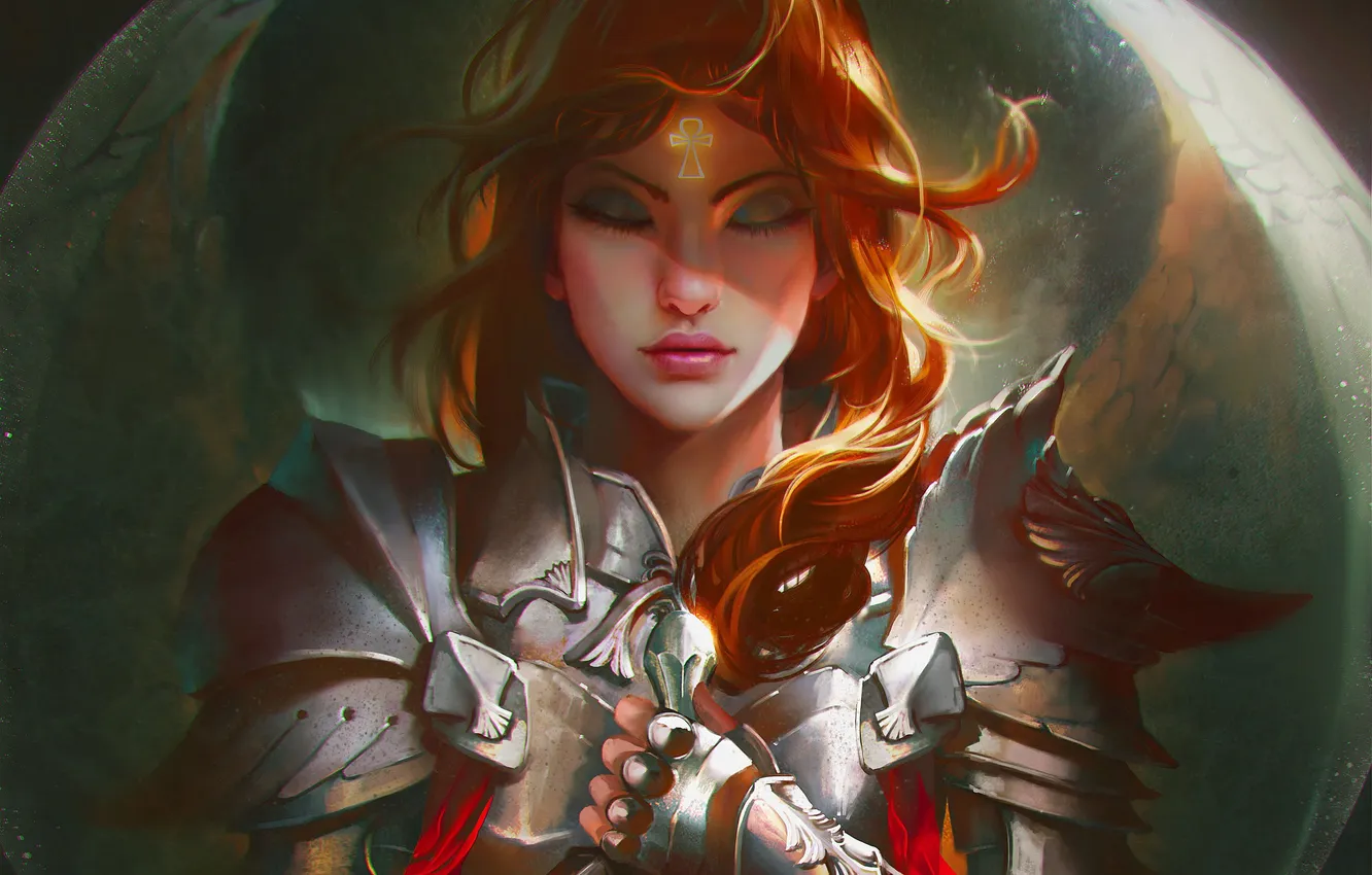 Photo wallpaper girl, wings, angel, armor, red, art, Joan