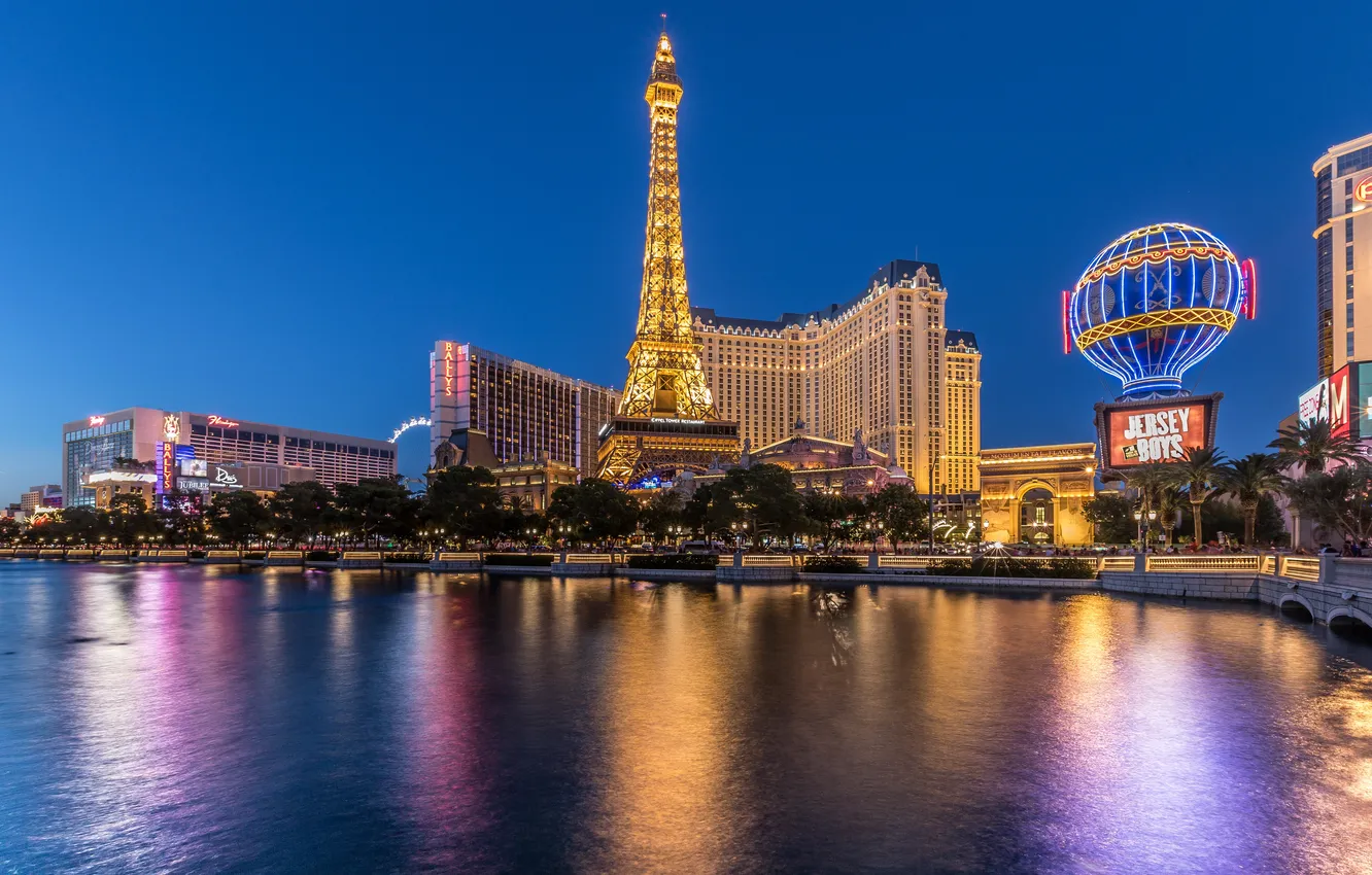 Photo wallpaper night, lights, pond, tower, home, Las Vegas, Eiffel tower, USA