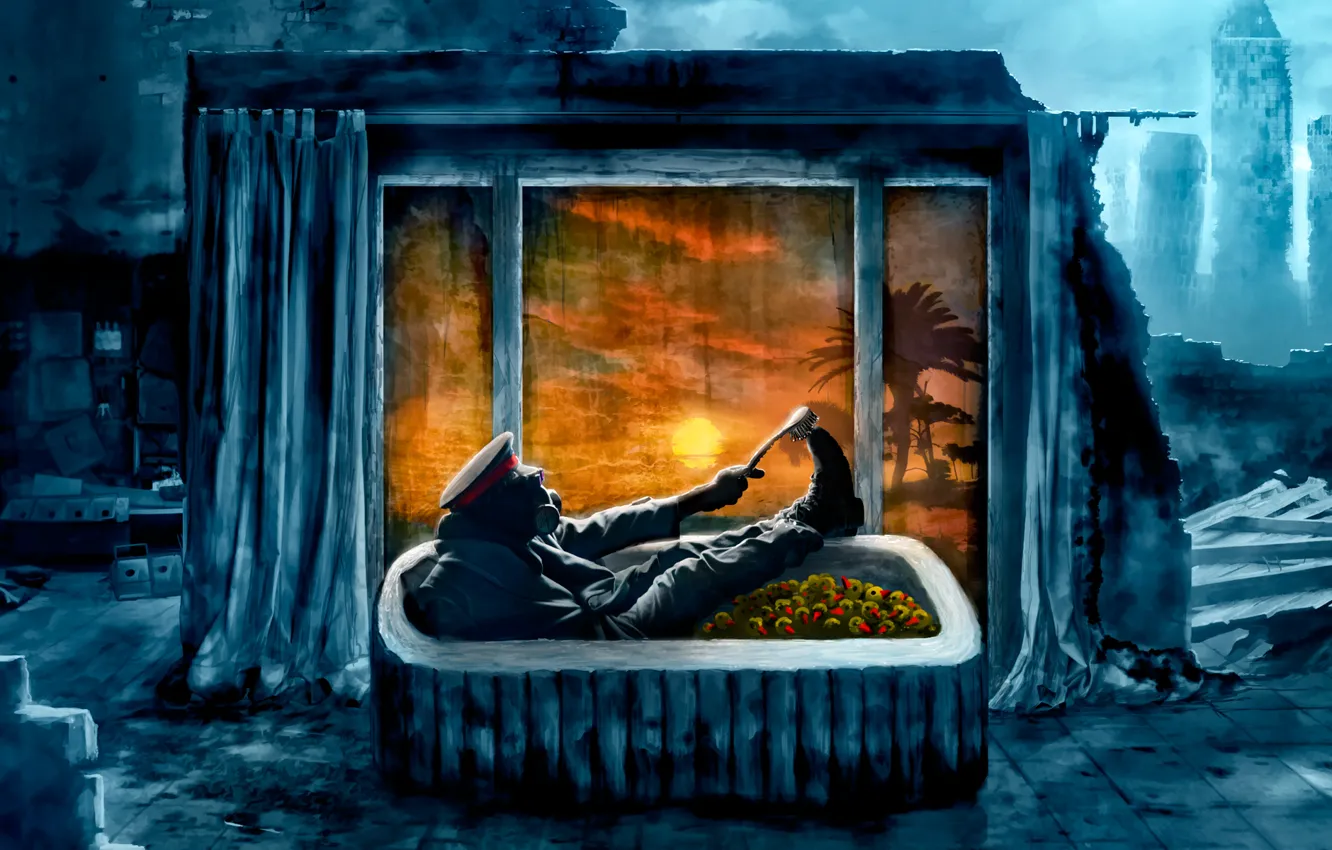 Photo wallpaper the city, Apocalypse, people, destruction, bath, gas mask, ruins, duck