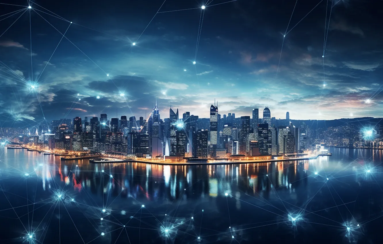 Photo wallpaper city, sky, landscape, city lights, clouds, reflection, digital art, building