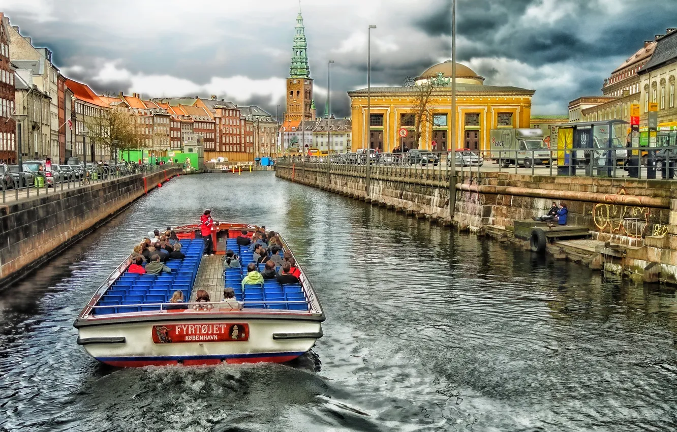 Photo wallpaper the sky, clouds, boat, Denmark, water channel, Copenhagen