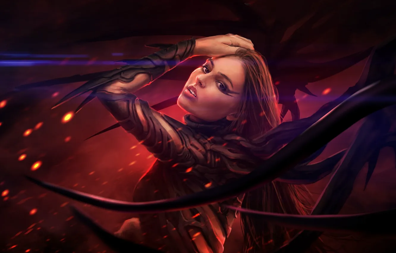 Photo wallpaper look, girl, pose, spikes, sparks, costume