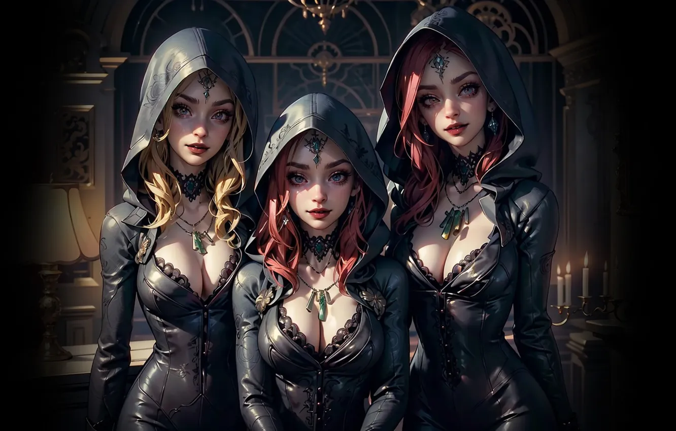 Photo wallpaper girl, costume, hood, three