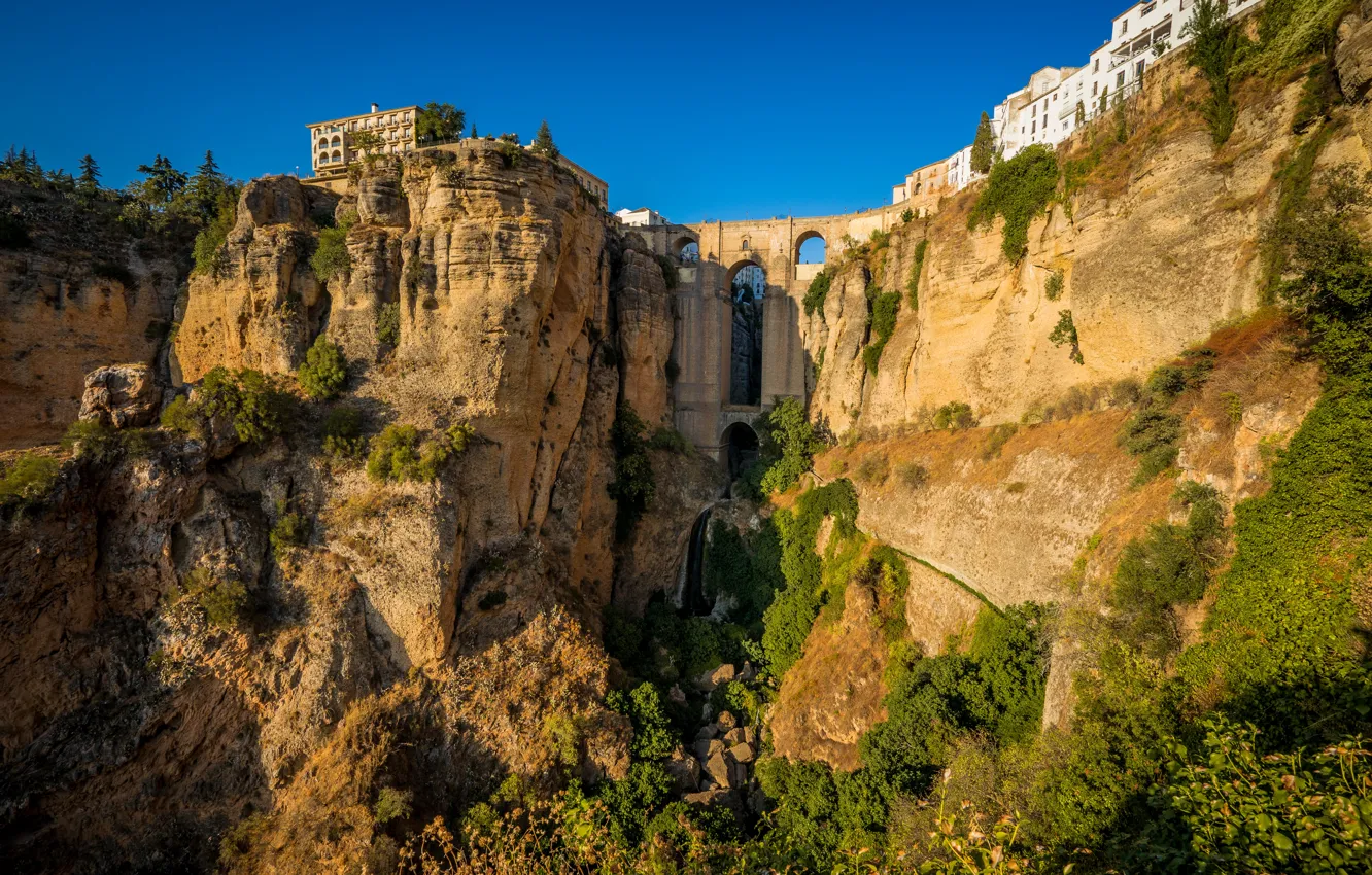 Photo wallpaper landscape, nature, the city, rocks, home, gorge, Spain, Malaga