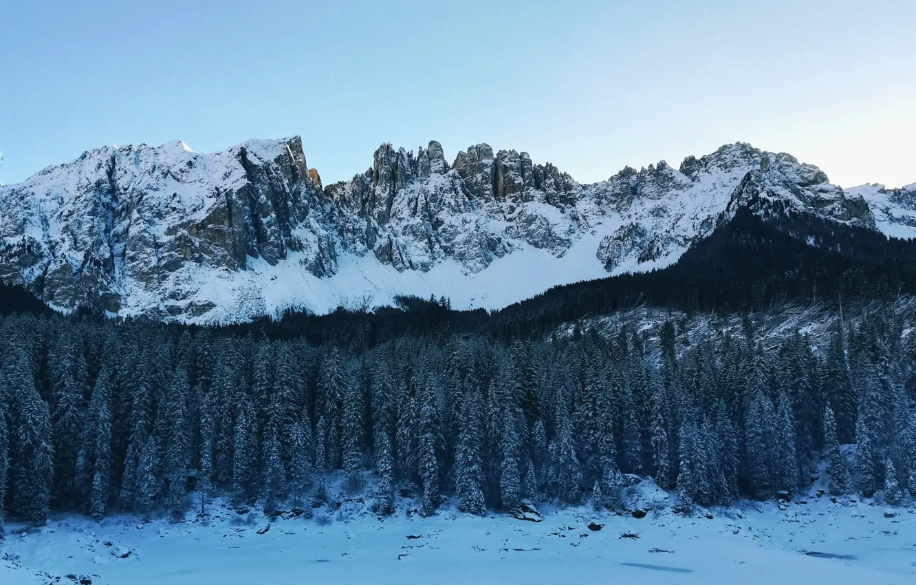 Photo wallpaper winter, the sky, snow, trees, mountains, nature, lake, rocks