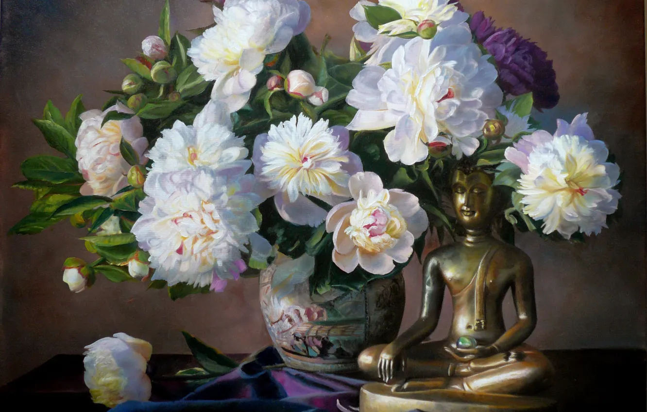 Photo wallpaper flowers, bouquet, picture, petals, vase, figurine, still life, Buddha