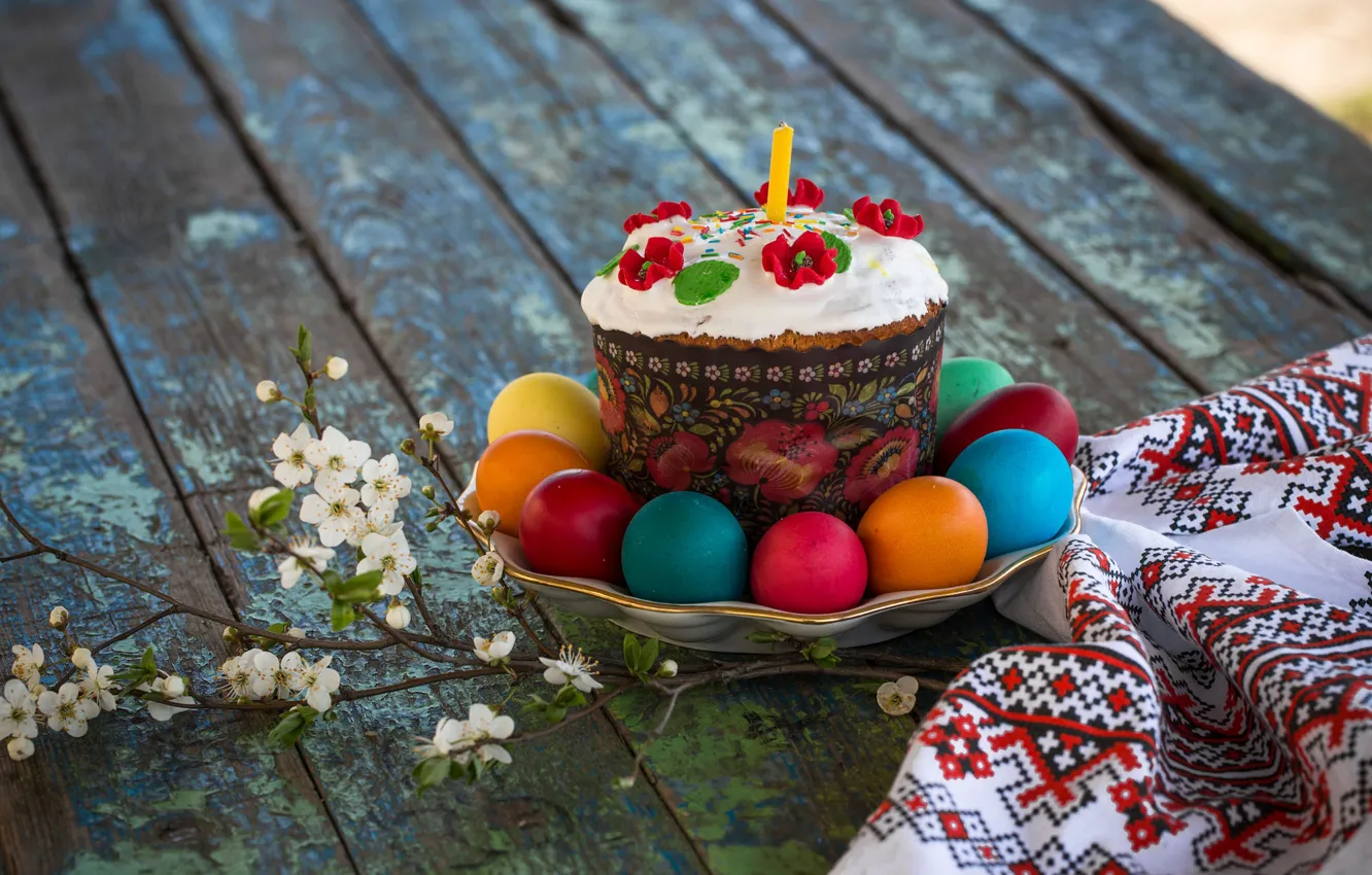 Photo wallpaper candle, eggs, branch, Easter, cake