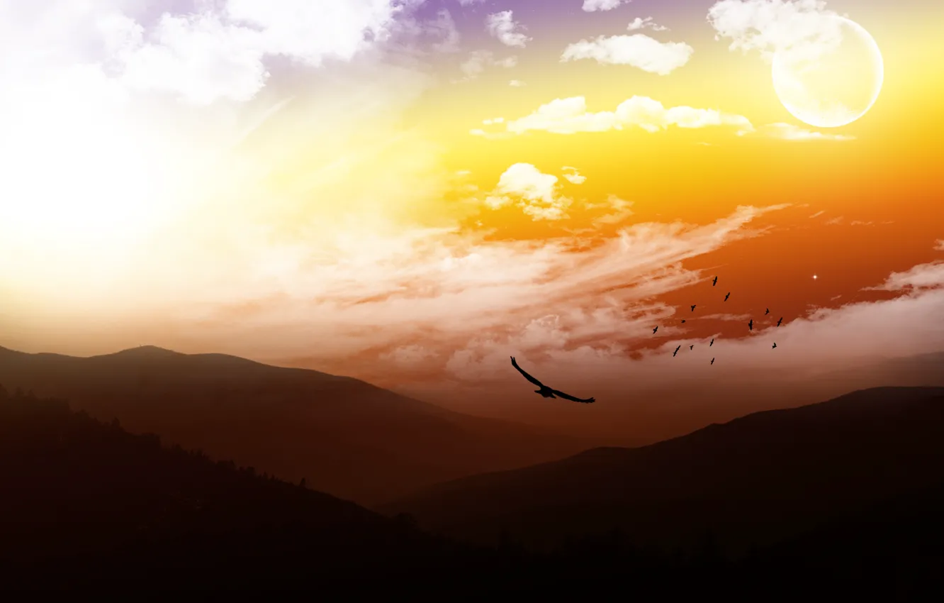 Photo wallpaper the sky, mountains, birds, moon, sky, mountains, view, heaven