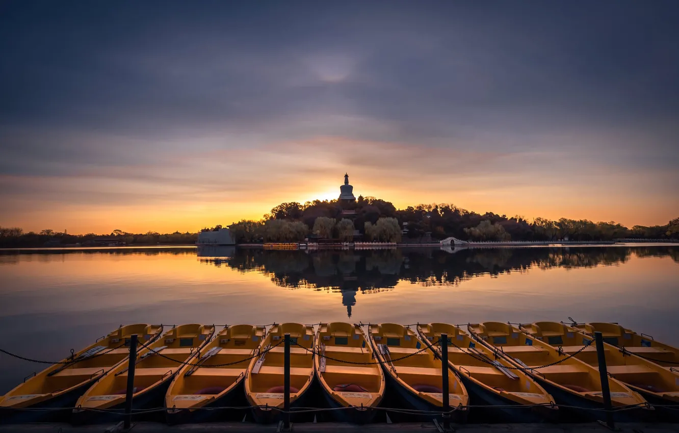 Photo wallpaper shore, boat, pier, pond