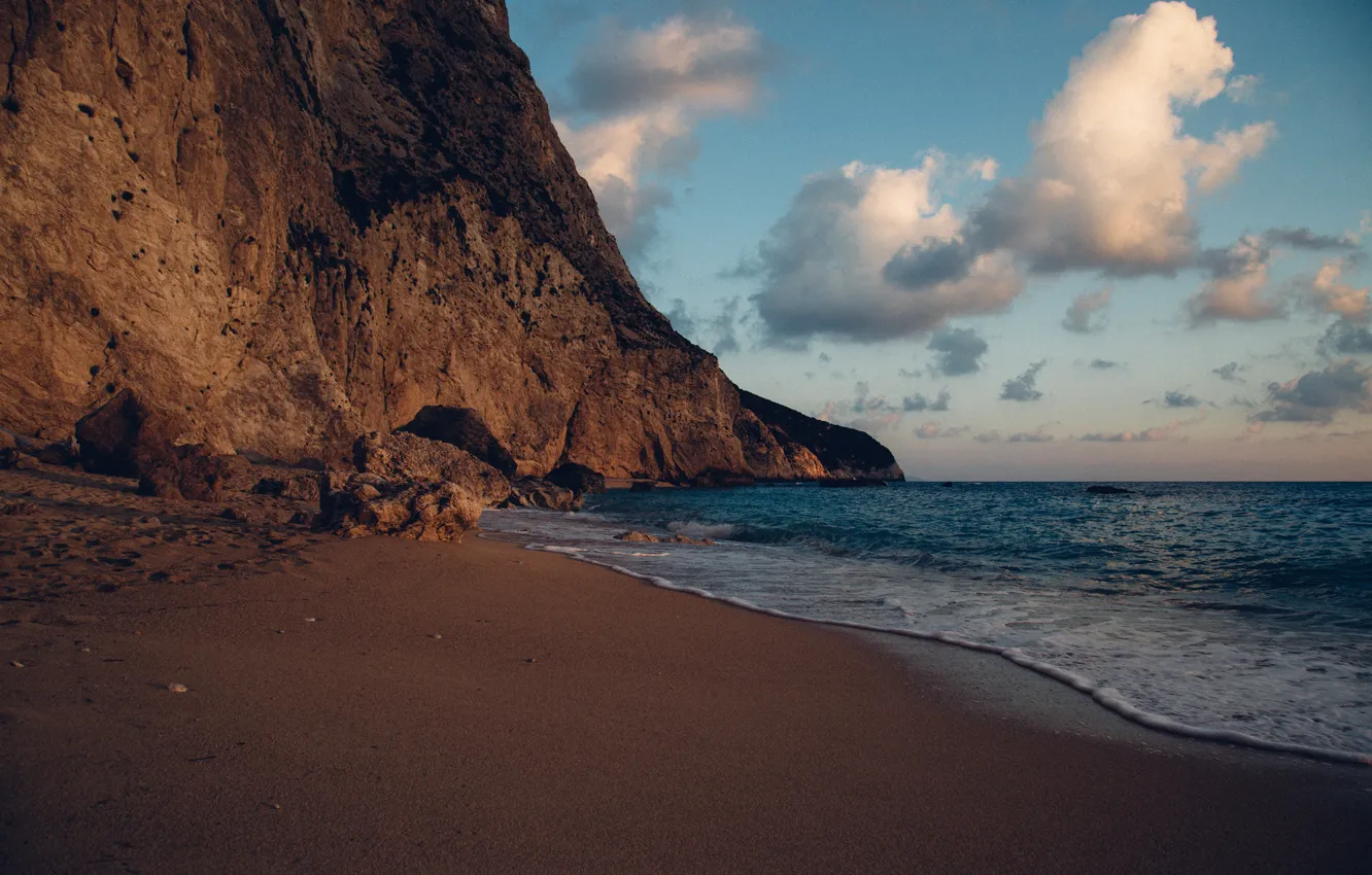 Photo wallpaper sand, sea, clouds, sunset, stones, rocks, coast, horizon