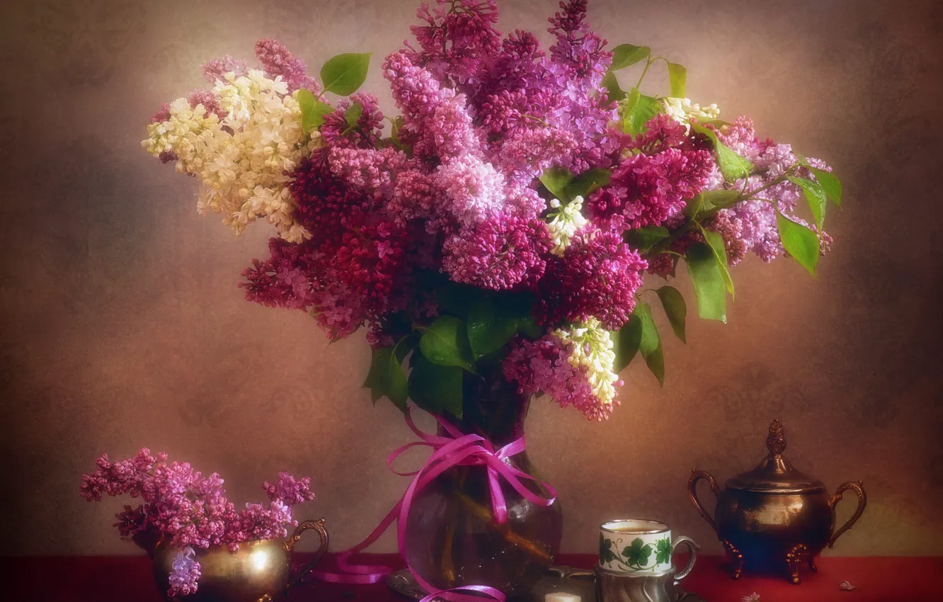 Photo wallpaper white, flowers, metal, tea, bouquet, Cup, dishes, vase