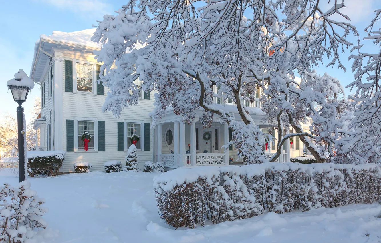 Photo wallpaper winter, trees, house, street, mansion, New Jersey, Antonina Janowska