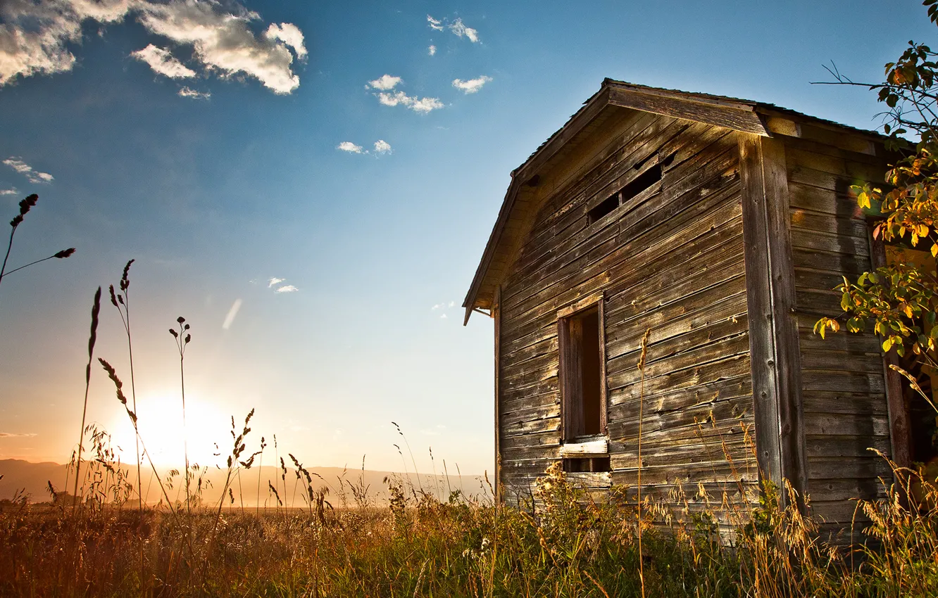 Photo wallpaper grass, sunrise, Old house