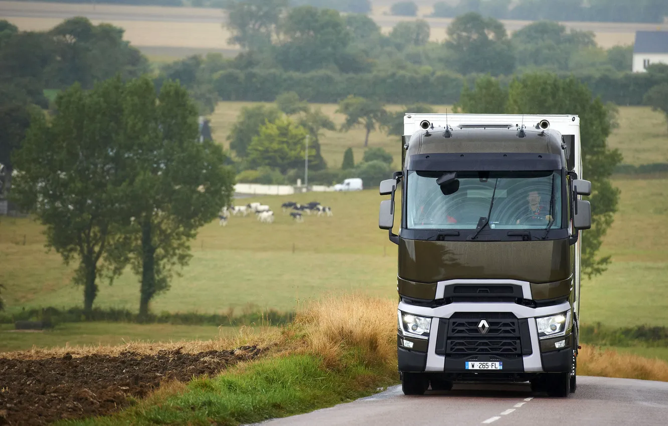 Photo wallpaper trees, field, truck, Renault, roadside, tractor, 4x2, the trailer