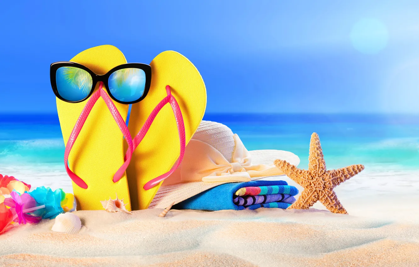 Photo wallpaper sand, sea, beach, the sky, the sun, reflection, palm trees, stay