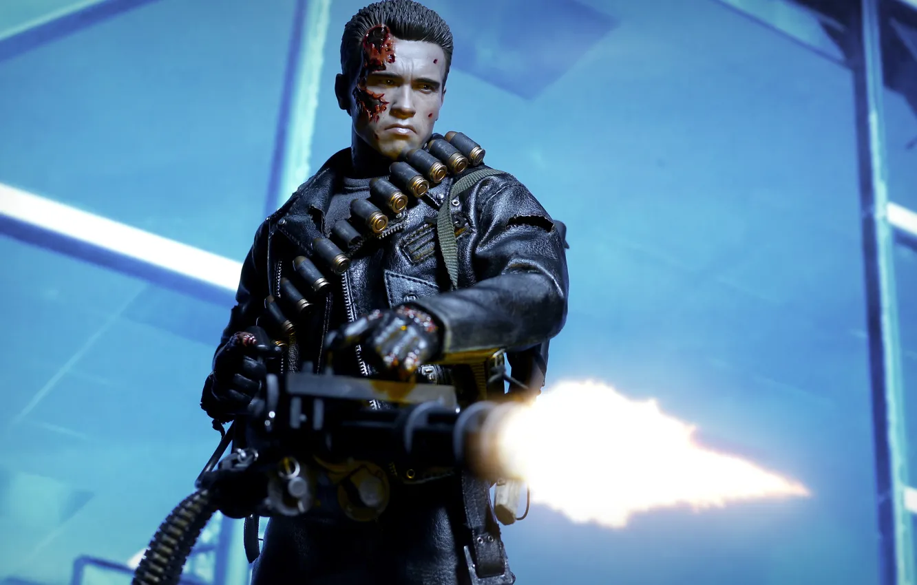 Photo wallpaper lights, background, toy, robot, terminator, figurine, machine gun, T-800