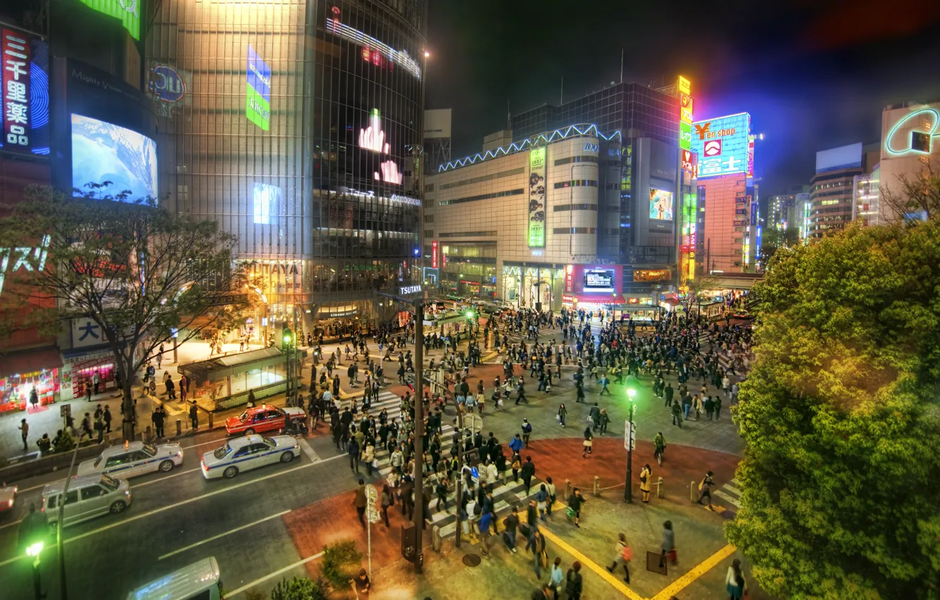 Photo wallpaper road, machine, night, the city, lights, people, Japan, Tokyo