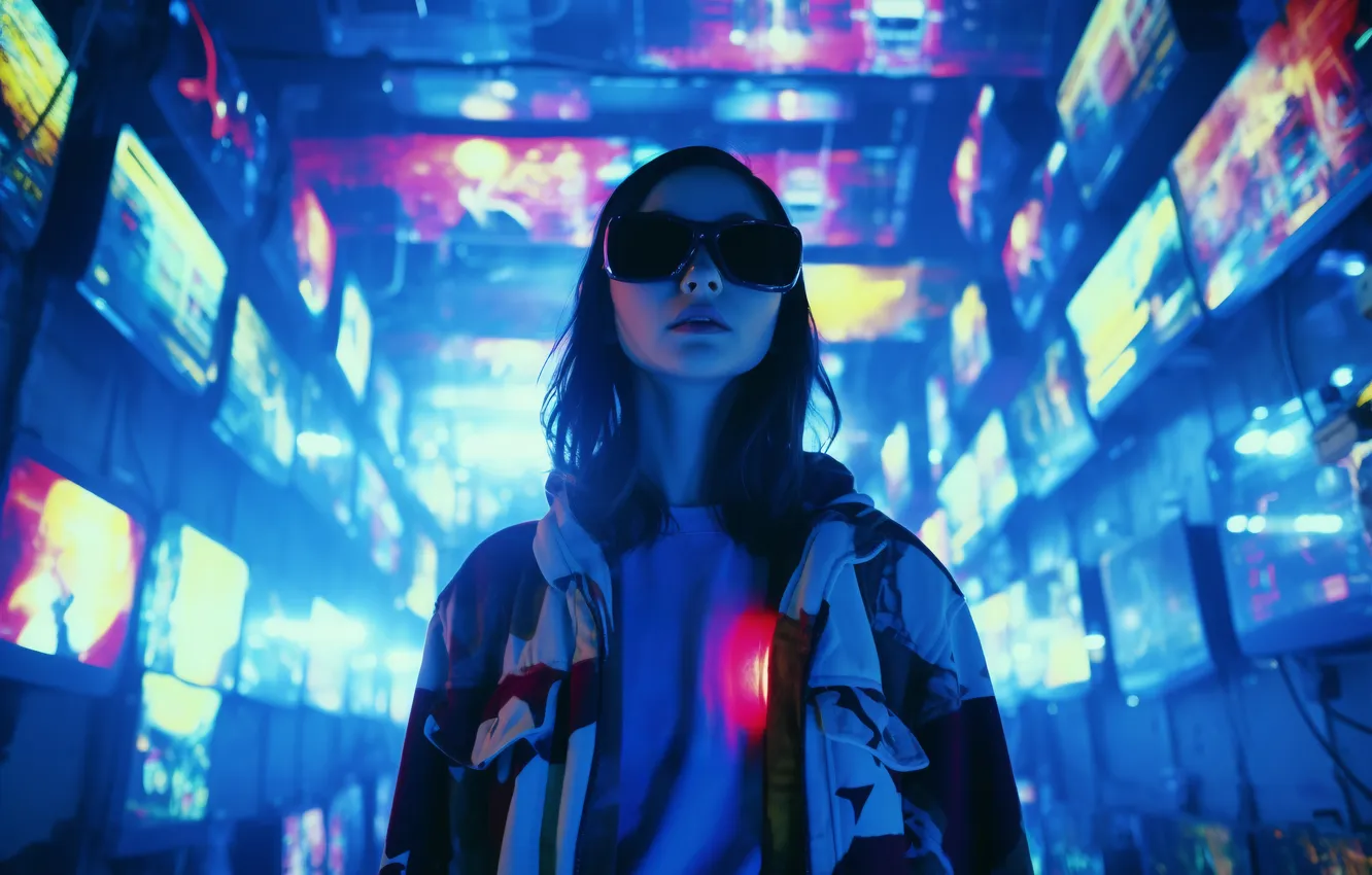 Photo wallpaper city, girl, night, glasses, ai art