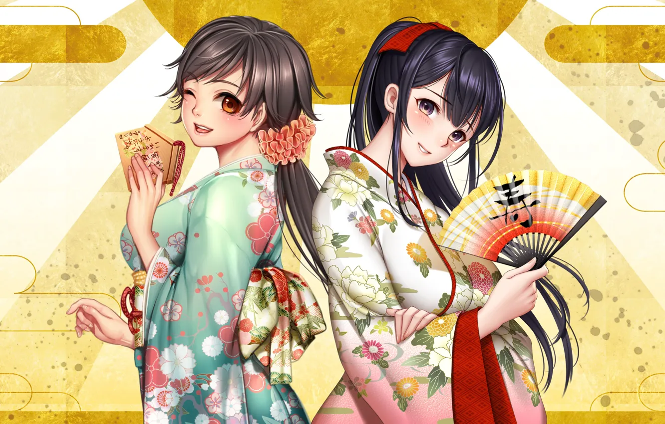 Photo wallpaper girls, fan, kimono, yukata, anime, art, masami chie, as aki arc