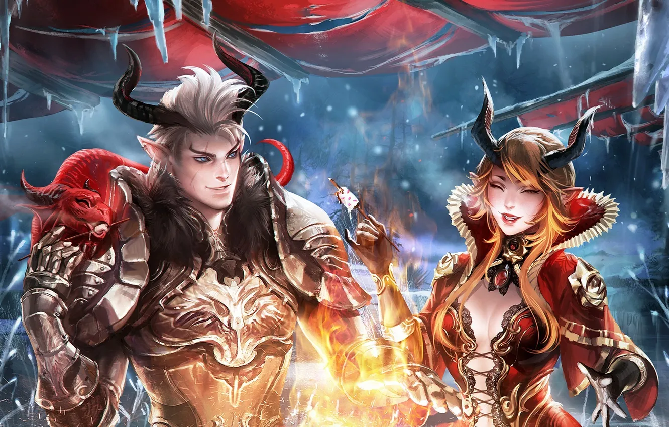 Photo wallpaper winter, girl, dragon, icicles, art, horns, canopy, guy