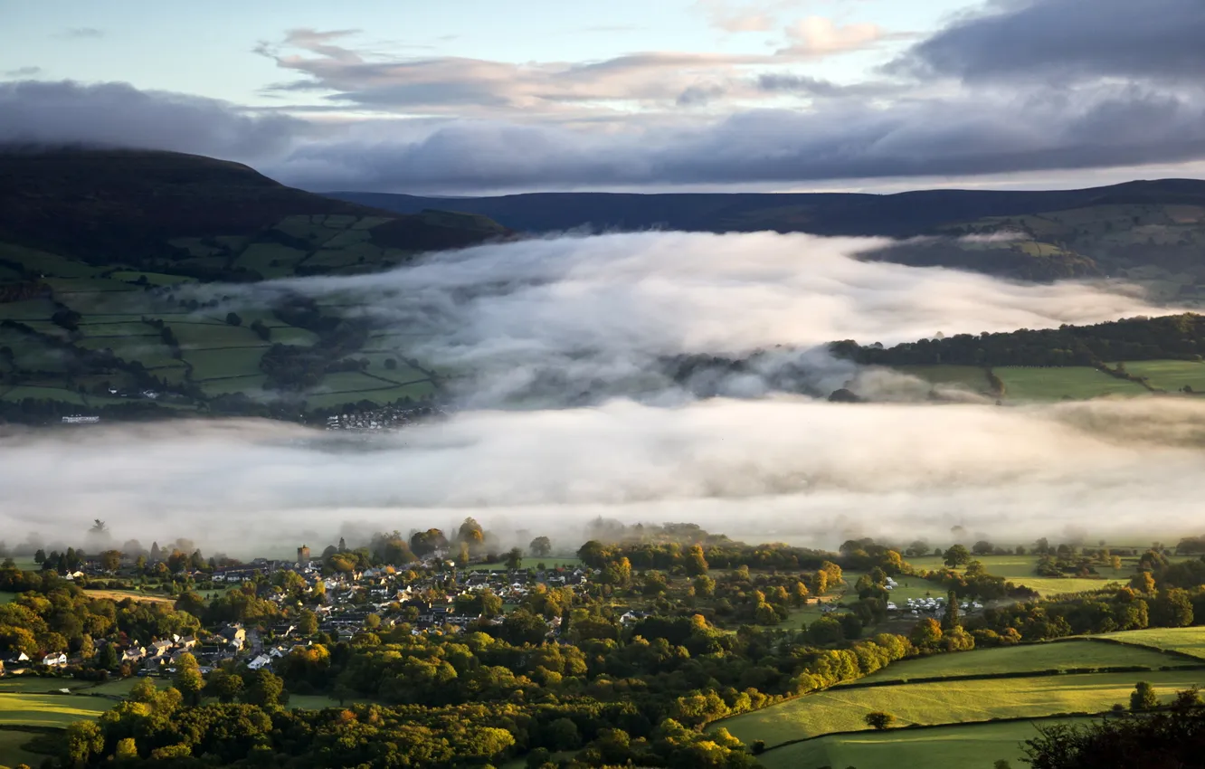 Photo wallpaper field, landscape, fog, home