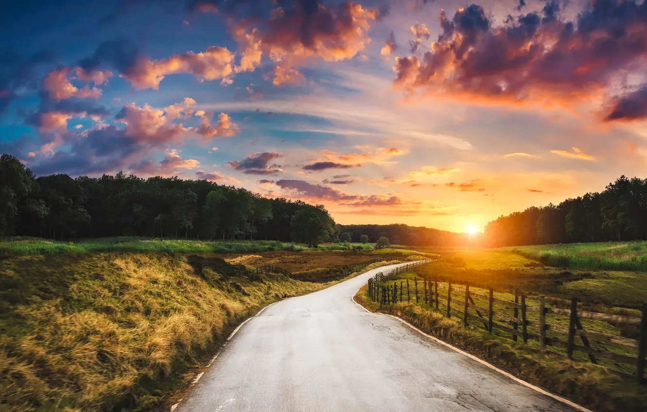 Photo wallpaper road, the fence, morning