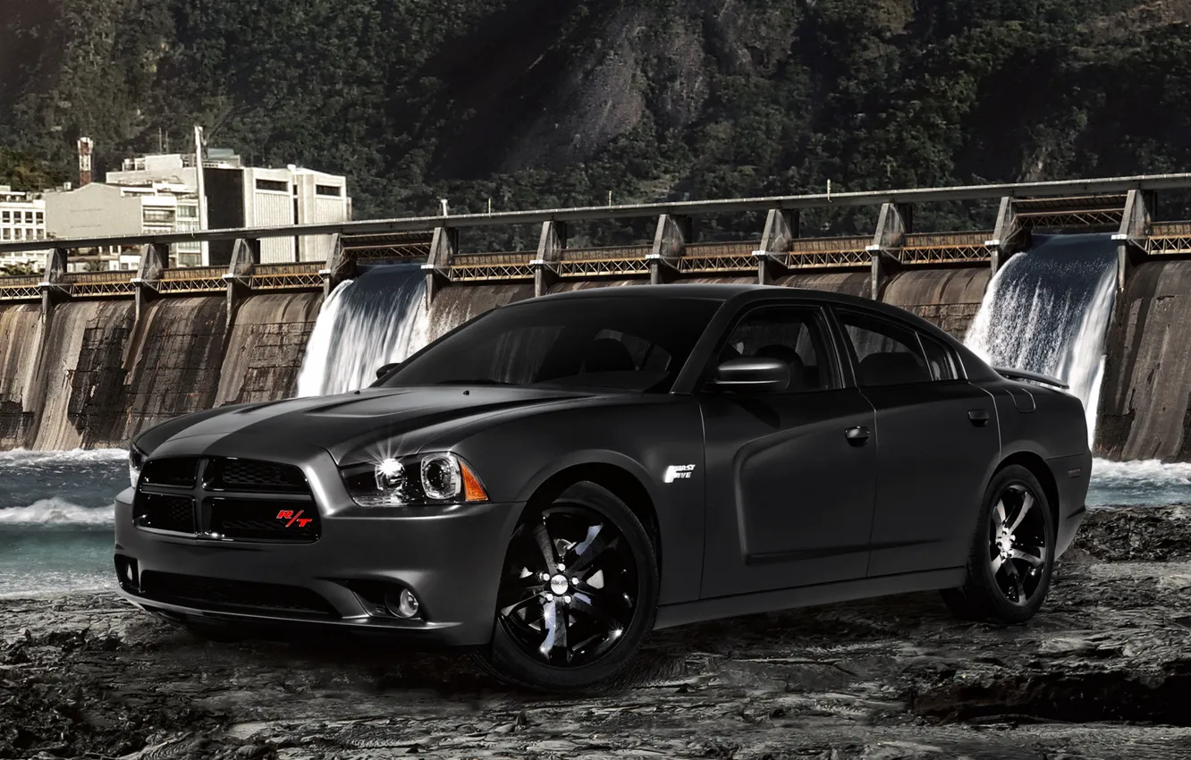 Photo wallpaper water, black, dam, Dodge, dodge, charger, r/t, fast five