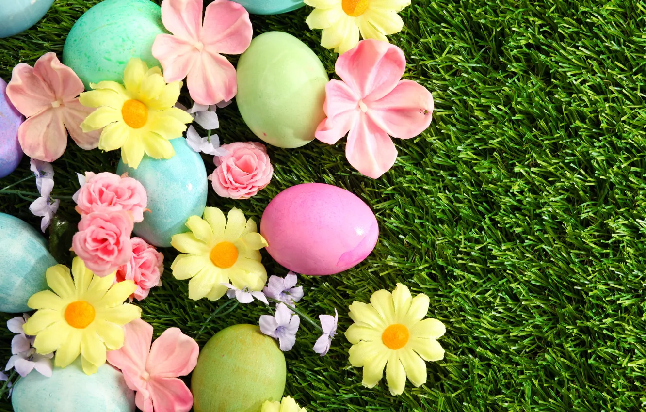 Photo wallpaper grass, flowers, Easter, flowers, spring, Easter, eggs, Happy