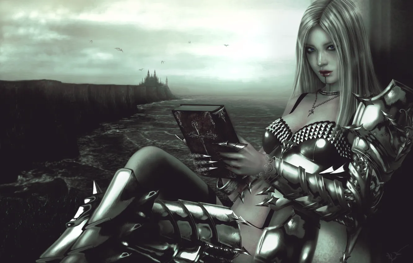 Photo wallpaper look, girl, castle, fiction, armor, art, book, armor