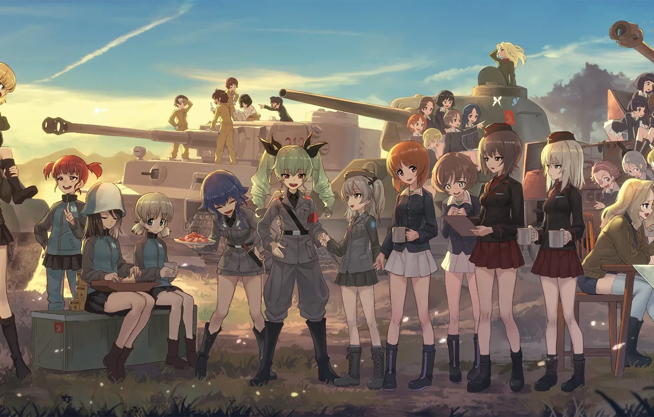 Photo wallpaper girl, anime, army, asian, Happy, tank, japanese, oriental