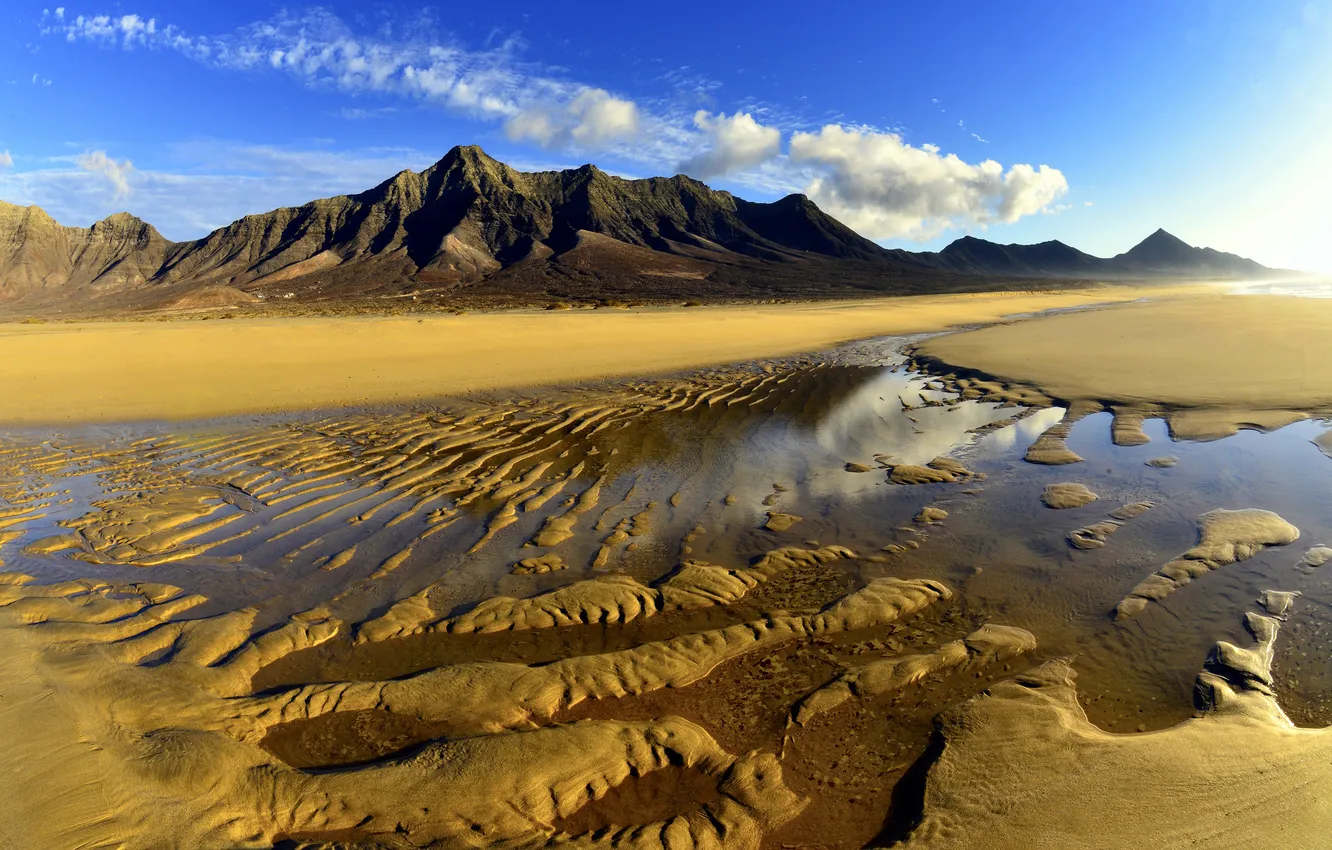Photo wallpaper sand, beach, mountains, blue, pond