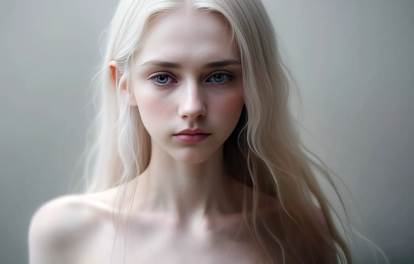 Photo wallpaper look, girl, portrait, blonde, grey background, shoulders, grey eyes, long hair