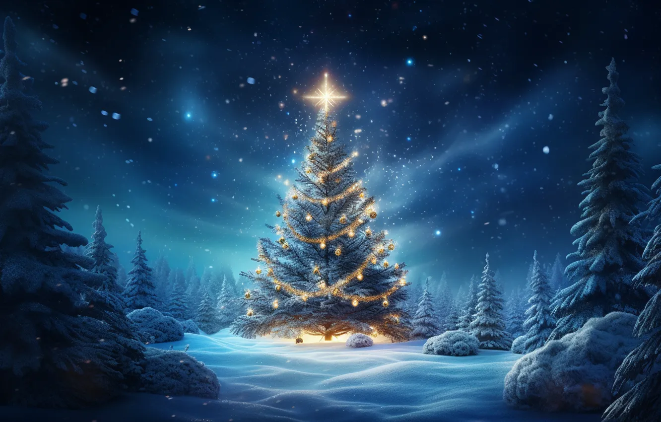 Photo wallpaper winter, forest, the sky, stars, clouds, light, snow, night