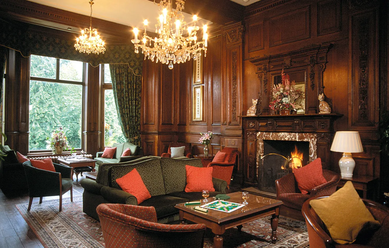 Photo wallpaper furniture, interior, chandelier, fireplace, living room, English style