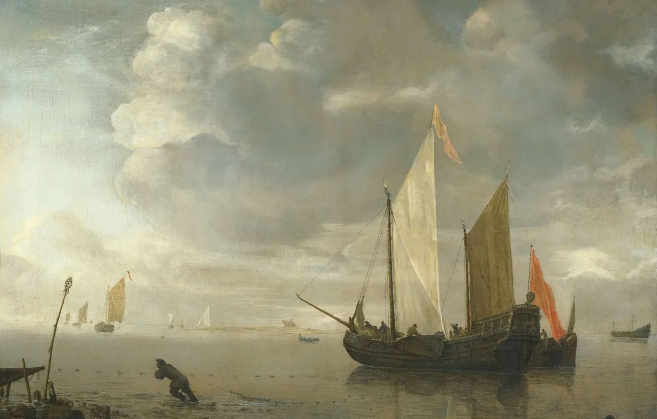 Photo wallpaper boat, ship, picture, sail, Hendrik Jacobs, Dubbels, Calm Sea