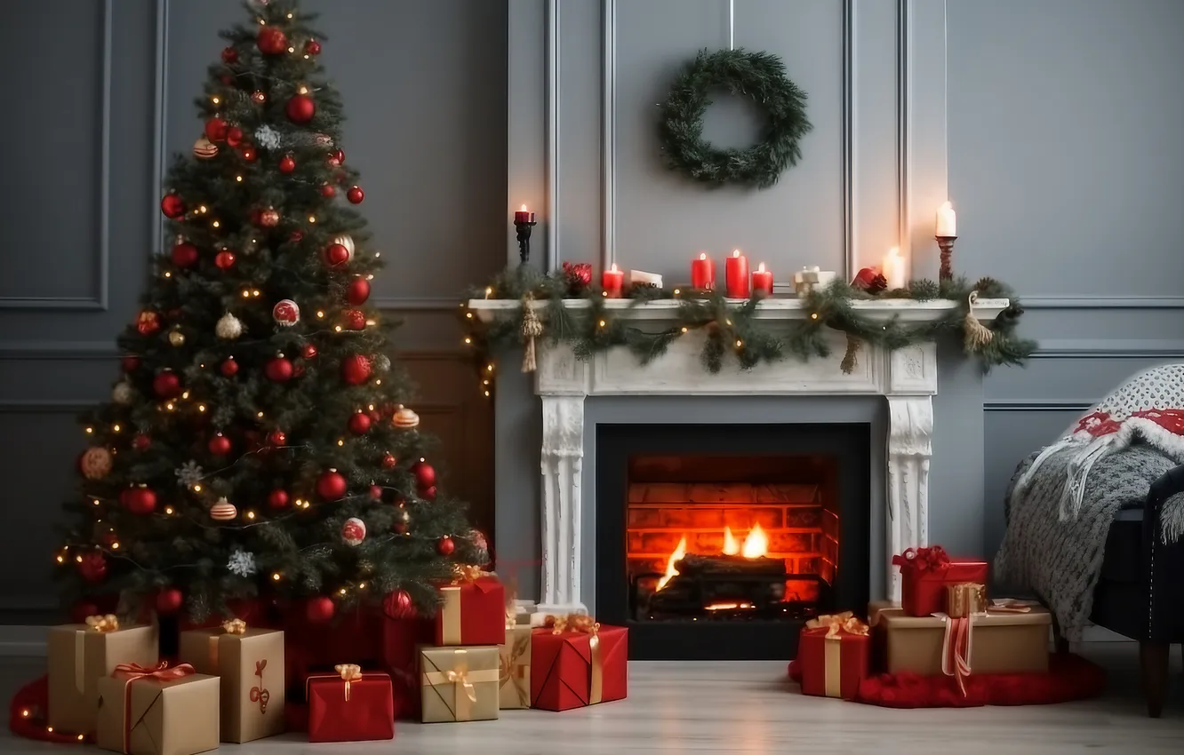 Photo wallpaper room, tree, new year, interior, Christmas, fireplace, Christmas, view