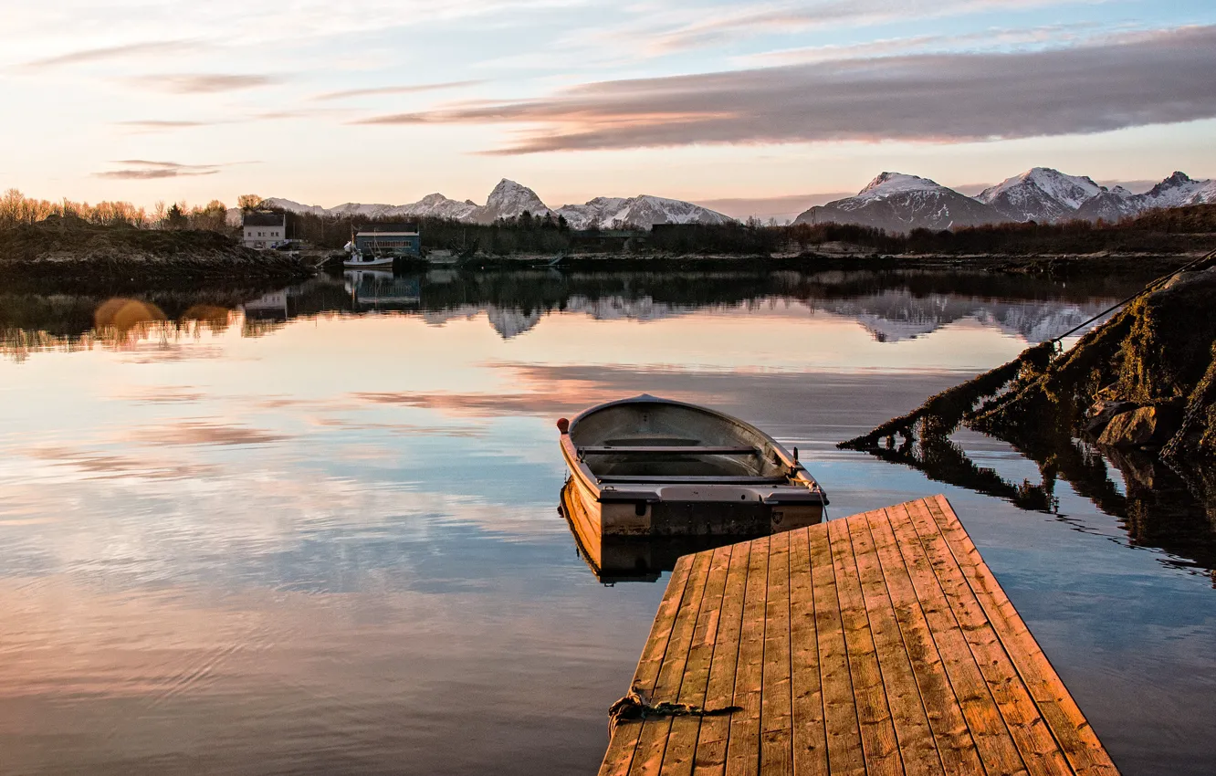 Photo wallpaper mountains, reflection, boat, pier, bridges, pond