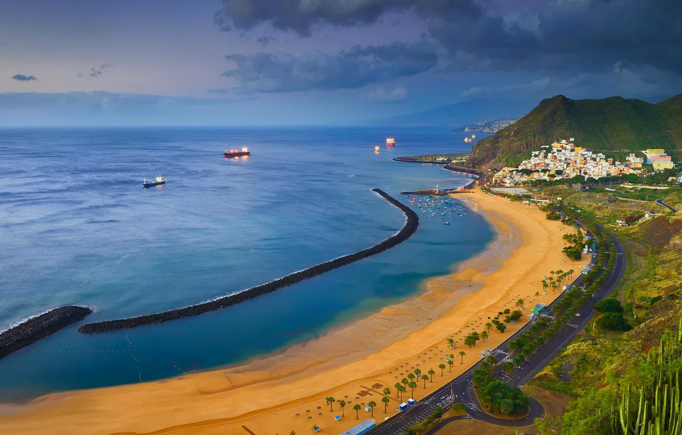 Photo wallpaper sea, shore, Spain, Tenerife, Santa Cruz de Tenerife, beach Teresitas