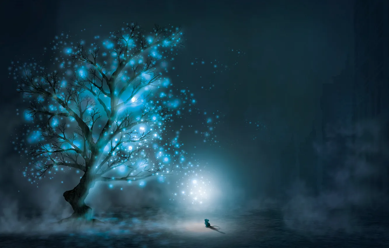 Photo wallpaper night, lights, tree, mouse