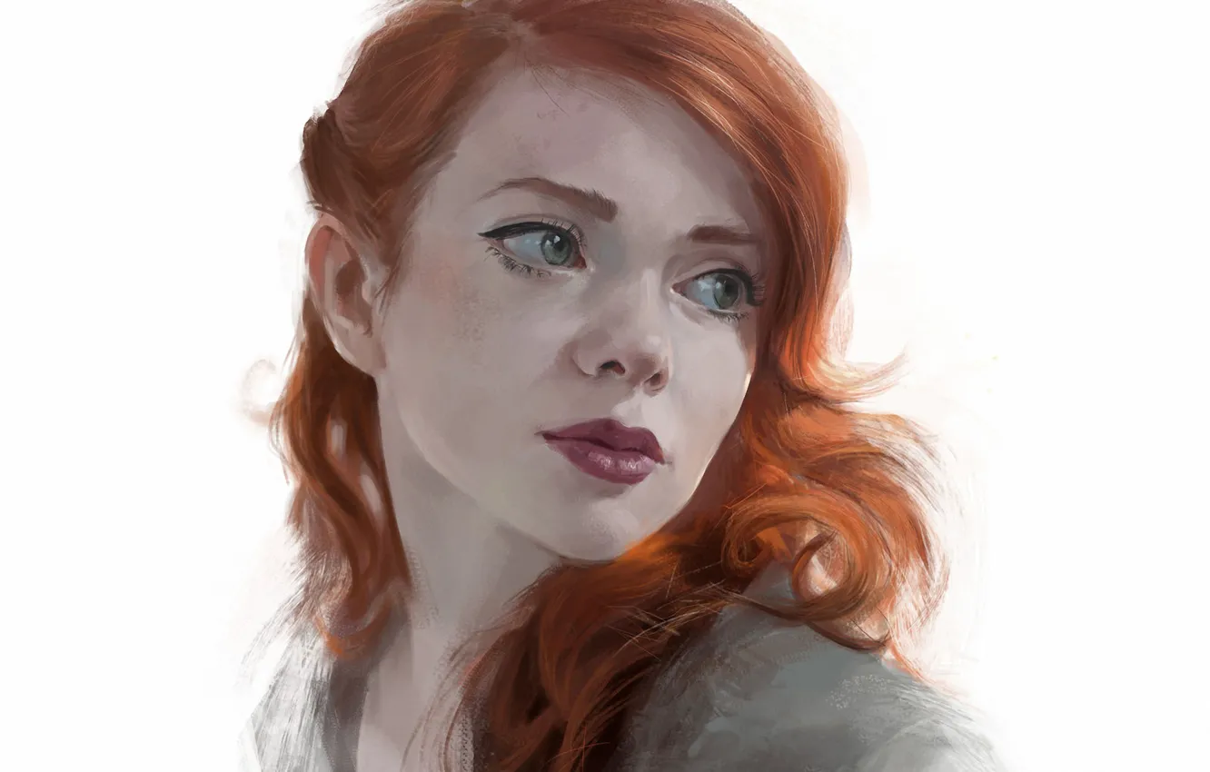 Photo wallpaper look, redhead, drawn girl