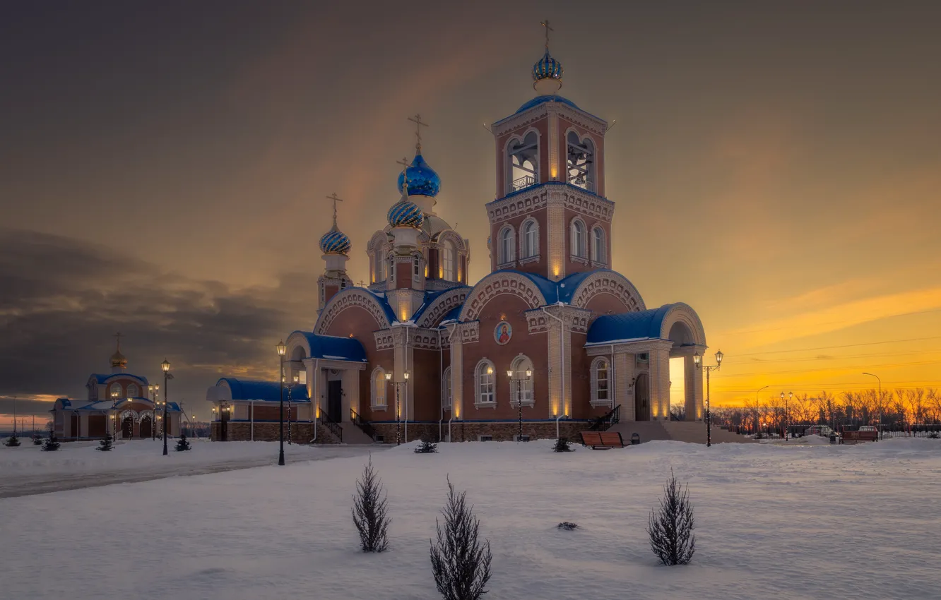 Photo wallpaper winter, snow, landscape, the evening, temple, Nikolay Brytkov
